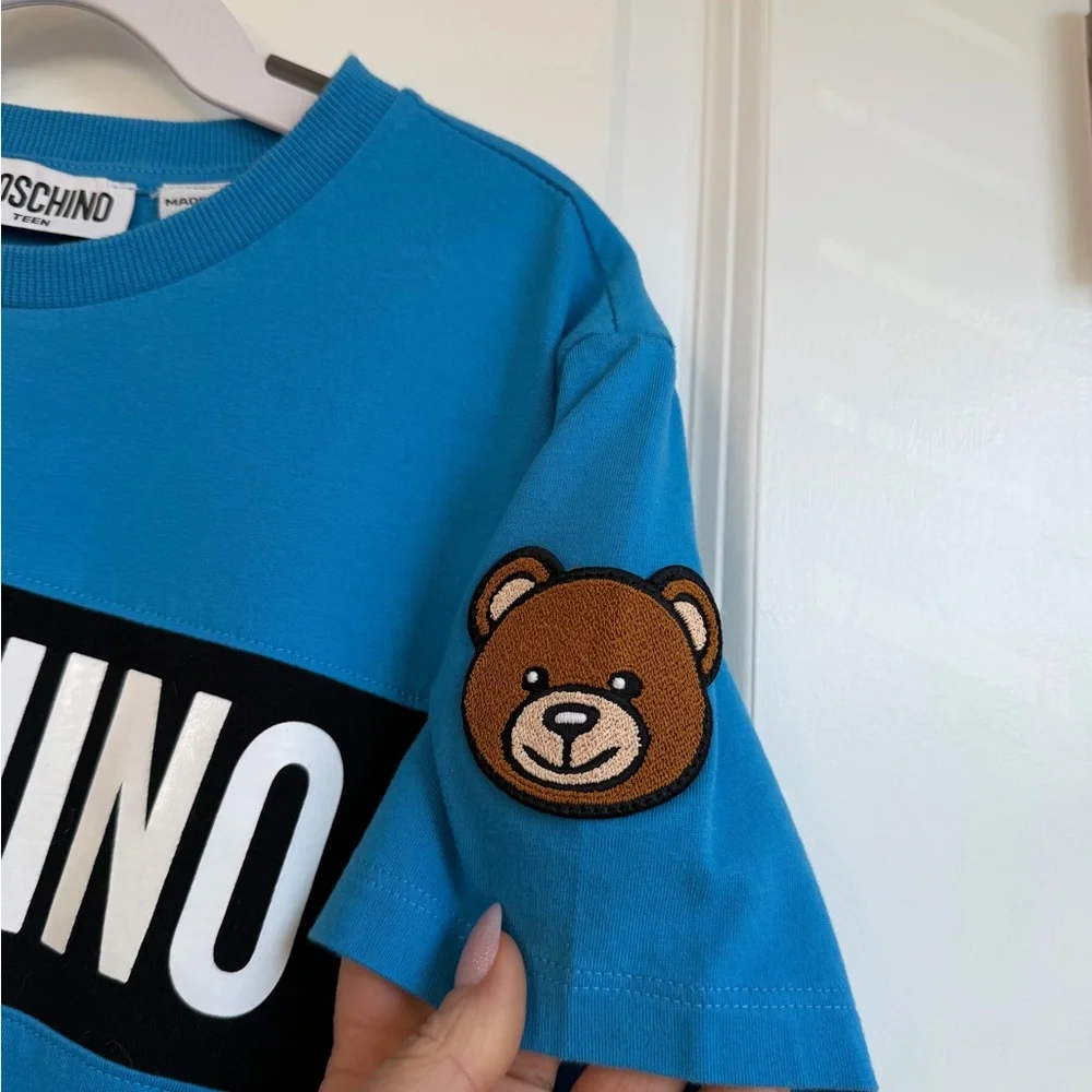 MOSCHINO Teen Logo Bear Tee Blue Black Size 12